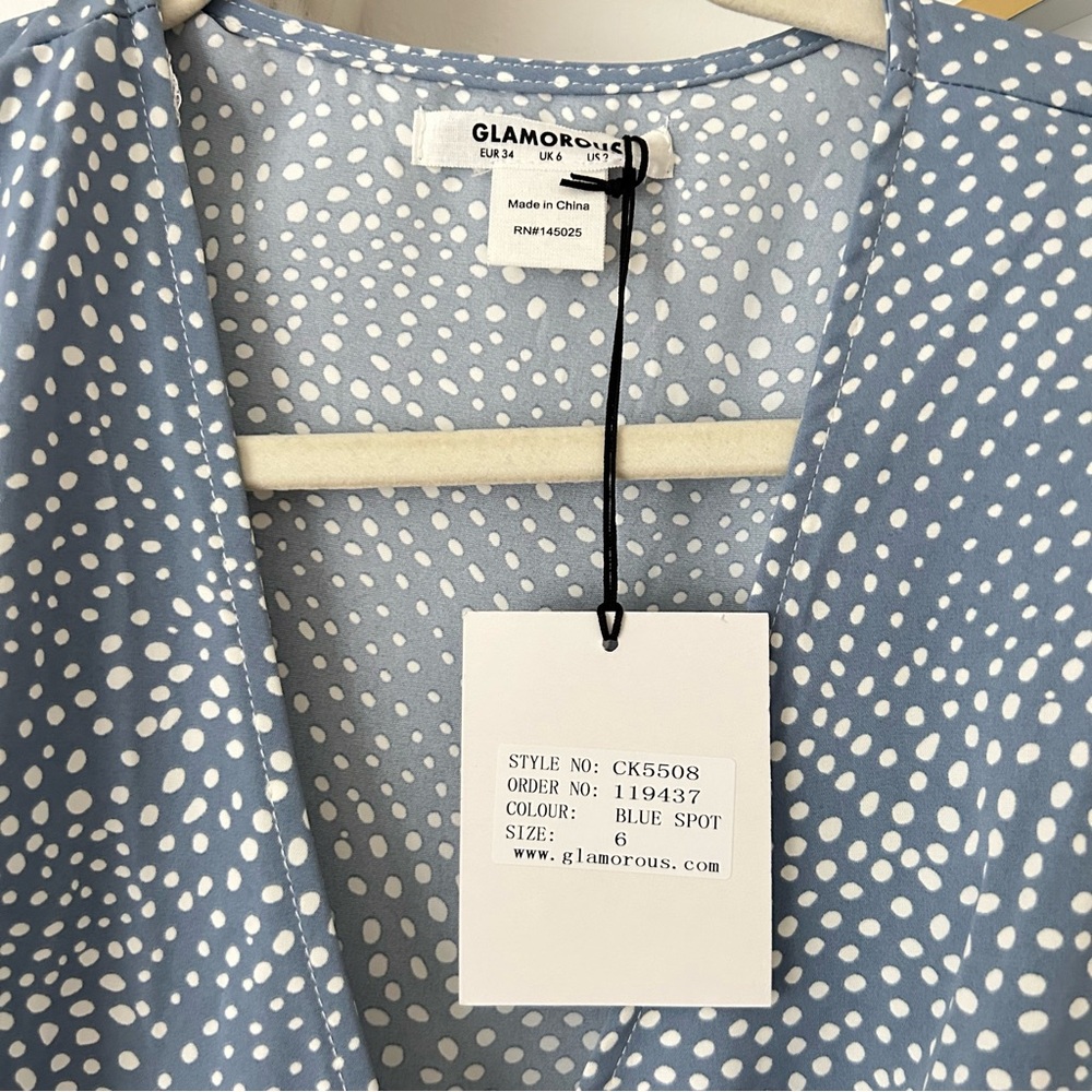 Glamorous Blue Polka Dot Wrap Dress | Puff Sleeve Mini 2 - Picture 3 of 5